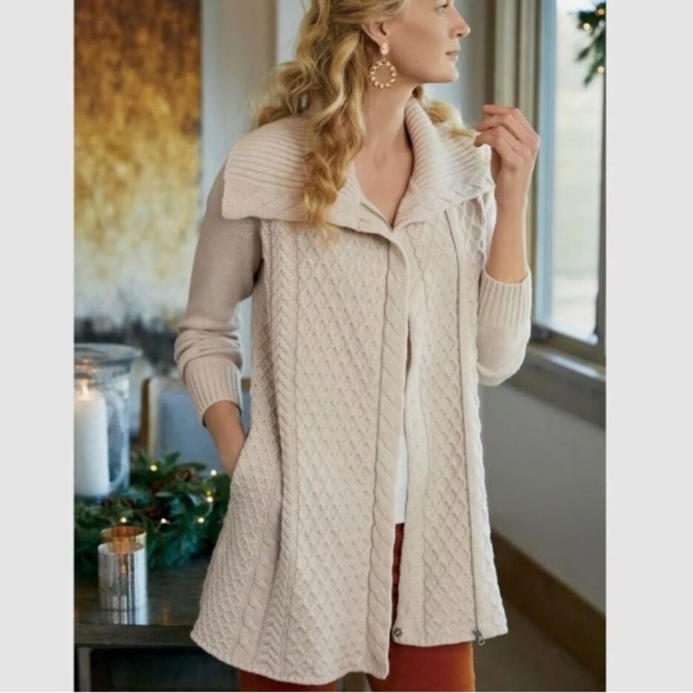 Soft surroundings cable knit zip up large collar sweater